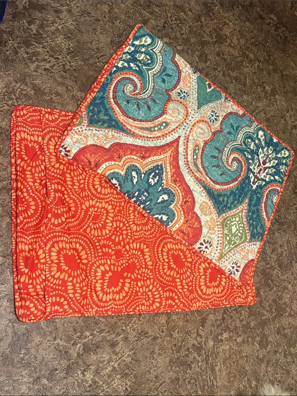 Two Bright Coral and Teal Paisley Quilted Home Accent pillow shams